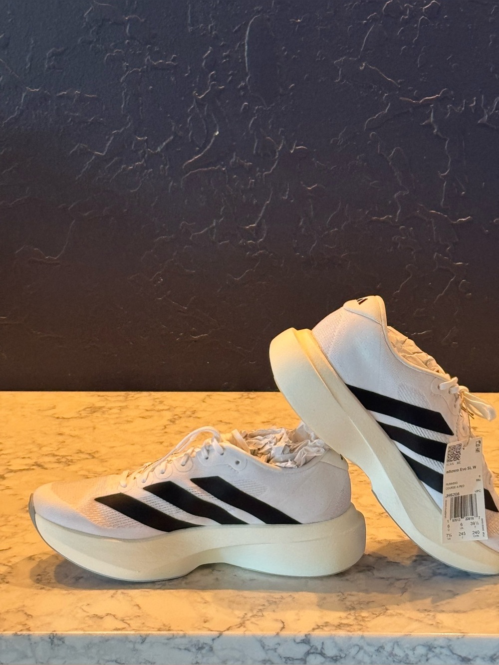 Adidas Women’s Adizero Evo SL White Running Sneakers with Black Stripes